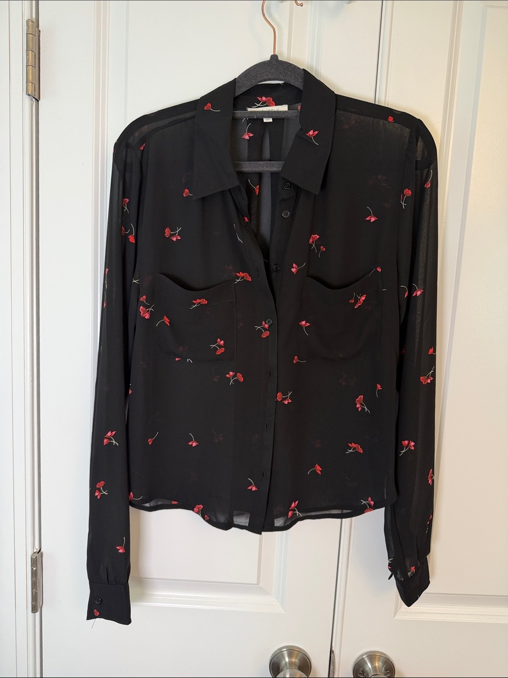 Z Supply Black Sheer Button-Down with Red Rose Print